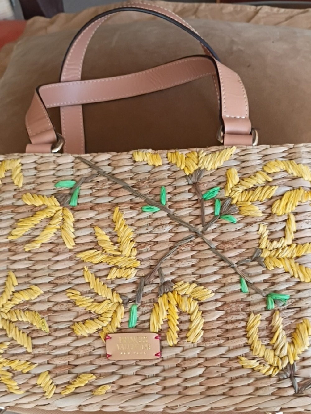 kate spade Straw Tote with Yellow Embroidery and Leather Handles